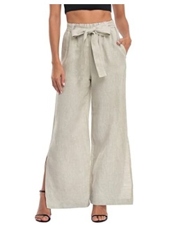 HDE Women's Linen Wide Leg Palazzo Pants Paperbag Flowy Boho Pant with Pockets