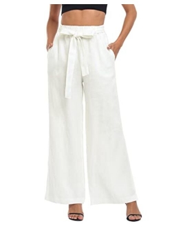 HDE Women's Linen Wide Leg Palazzo Pants Paperbag Flowy Boho Pant with Pockets