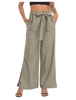 HDE Women's Linen Wide Leg Palazzo Pants Paperbag Flowy Boho Pant with Pockets