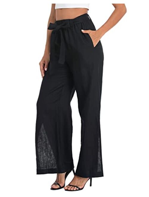 HDE Women's Linen Wide Leg Palazzo Pants Paperbag Flowy Boho Pant with Pockets