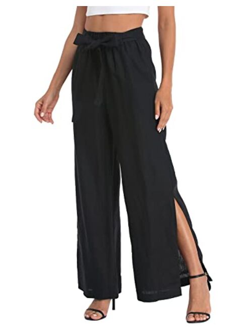 HDE Women's Linen Wide Leg Palazzo Pants Paperbag Flowy Boho Pant with Pockets