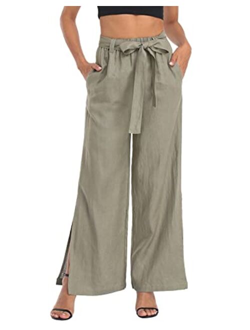 HDE Women's Linen Wide Leg Palazzo Pants Paperbag Flowy Boho Pant with Pockets