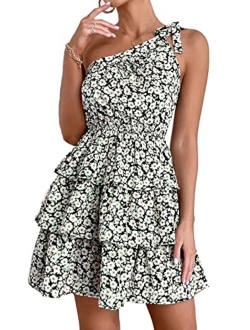 Women's Summer Tie One Shoulder Boho Floral Dress Elastic Waist Tiered Ruffle A Line Flowy Mini Dresses