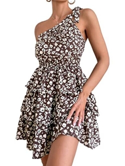 Women's Summer Tie One Shoulder Boho Floral Dress Elastic Waist Tiered Ruffle A Line Flowy Mini Dresses