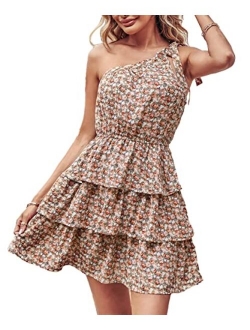 Women's Summer Tie One Shoulder Boho Floral Dress Elastic Waist Tiered Ruffle A Line Flowy Mini Dresses