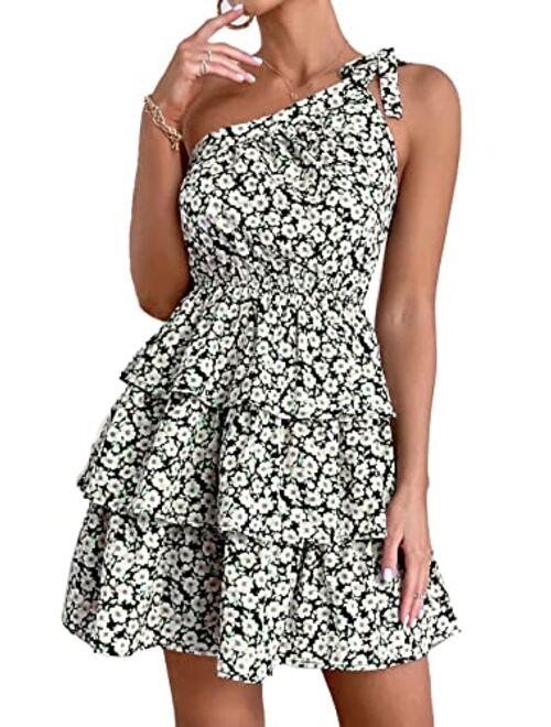 PRETTYGARDEN Women's Summer Tie One Shoulder Boho Floral Dress Elastic Waist Tiered Ruffle A Line Flowy Mini Dresses