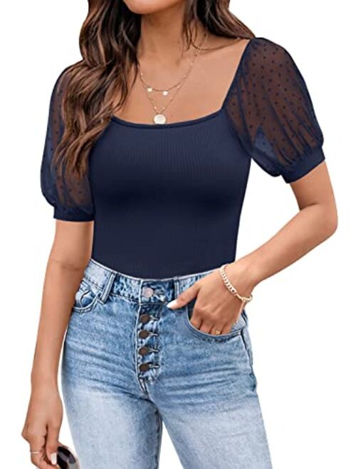 DOROSE Womens Summer Tops Sexy Casual Mesh Short Sleeve Shirts Blouses