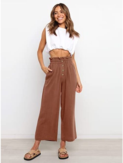 NIMIN Wide Leg Pants for Women High Waisted Linen Pants Casual Beach Loose Trousers with Pockets