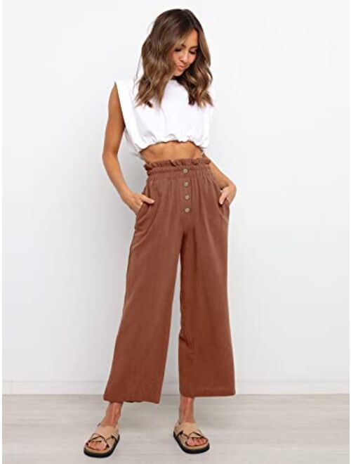 NIMIN Wide Leg Pants for Women High Waisted Linen Pants Casual Beach Loose Trousers with Pockets