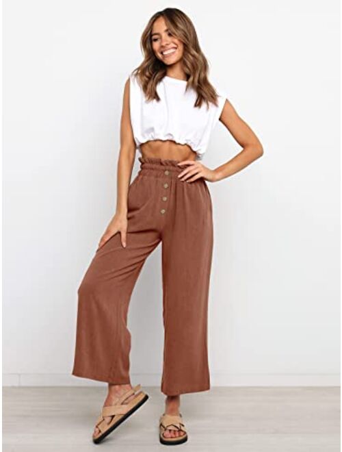 NIMIN Wide Leg Pants for Women High Waisted Linen Pants Casual Beach Loose Trousers with Pockets