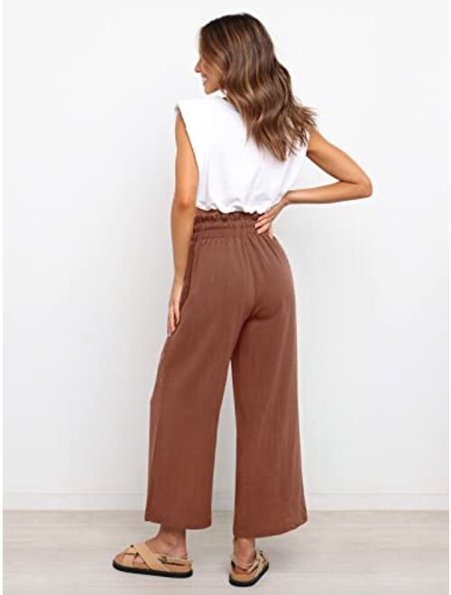 NIMIN Wide Leg Pants for Women High Waisted Linen Pants Casual Beach Loose Trousers with Pockets