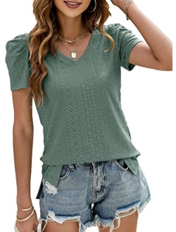 Blingfit Womens Puff Short Sleeve Tops Dressy Casual Summer V Neck T Shirts for Women Sexy Lace Eyelet Cute Trendy Tops Going Out