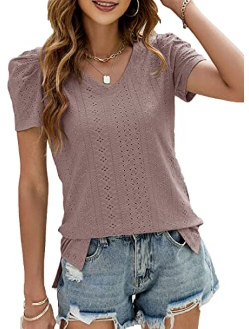 Blingfit Womens Puff Short Sleeve Tops Dressy Casual Summer V Neck T Shirts for Women Sexy Lace Eyelet Cute Trendy Tops Going Out