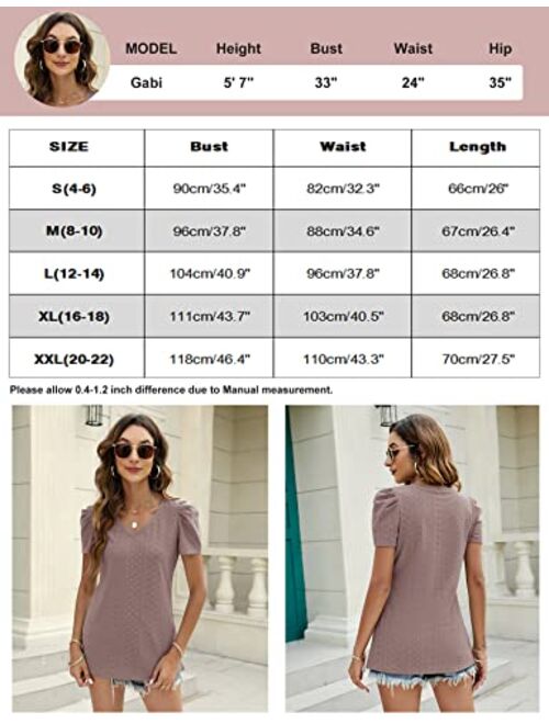 Blingfit Womens Puff Short Sleeve Tops Dressy Casual Summer V Neck T Shirts for Women Sexy Lace Eyelet Cute Trendy Tops Going Out