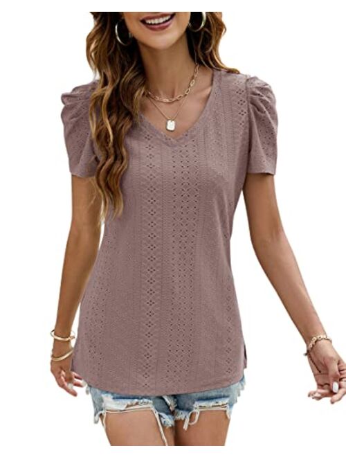 Blingfit Womens Puff Short Sleeve Tops Dressy Casual Summer V Neck T Shirts for Women Sexy Lace Eyelet Cute Trendy Tops Going Out