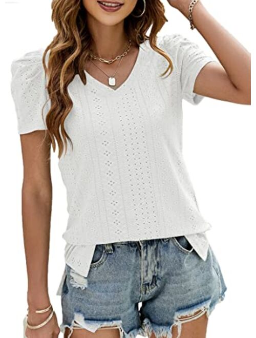 Blingfit Womens Puff Short Sleeve Tops Dressy Casual Summer V Neck T Shirts for Women Sexy Lace Eyelet Cute Trendy Tops Going Out