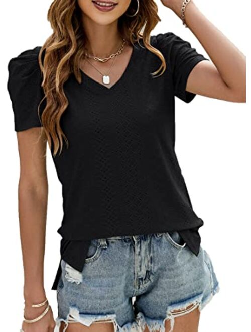 Blingfit Womens Puff Short Sleeve Tops Dressy Casual Summer V Neck T Shirts for Women Sexy Lace Eyelet Cute Trendy Tops Going Out