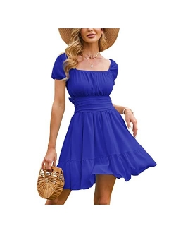 EXLURA Women's Tie Back Square Neck Short Puff Sleeve Summer Dress A Line Sundress Short Mini Dress