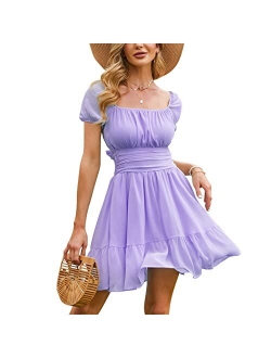 EXLURA Women's Tie Back Square Neck Short Puff Sleeve Summer Dress A Line Sundress Short Mini Dress