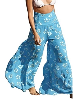 Roevite Boho Wide Leg Pants for Women High Waist Summer Flowy Beach Palazzo Pants with Belt Loose Yoga Trousers