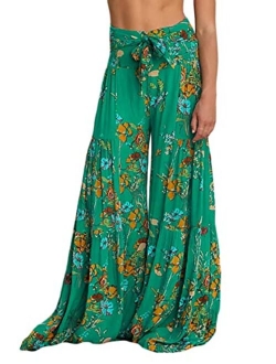 Roevite Boho Wide Leg Pants for Women High Waist Summer Flowy Beach Palazzo Pants with Belt Loose Yoga Trousers