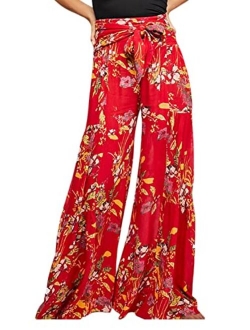 Roevite Boho Wide Leg Pants for Women High Waist Summer Flowy Beach Palazzo Pants with Belt Loose Yoga Trousers