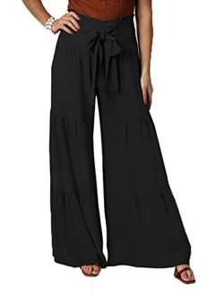 Roevite Boho Wide Leg Pants for Women High Waist Summer Flowy Beach Palazzo Pants with Belt Loose Yoga Trousers