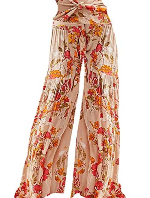 Roevite Boho Wide Leg Pants for Women High Waist Summer Flowy Beach Palazzo Pants with Belt Loose Yoga Trousers