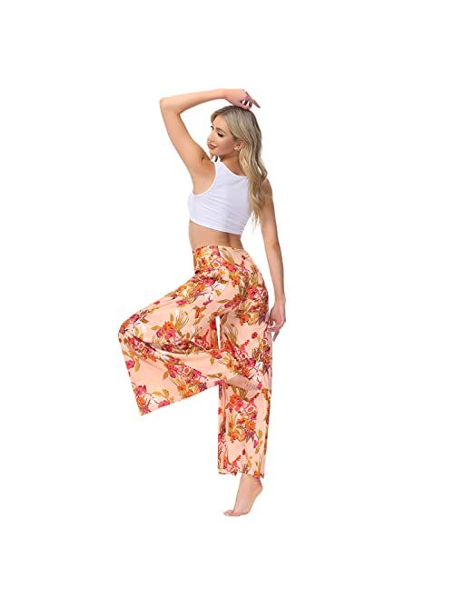 Roevite Boho Wide Leg Pants for Women High Waist Summer Flowy Beach Palazzo Pants with Belt Loose Yoga Trousers