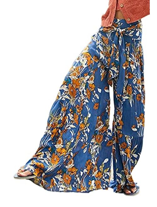 Roevite Boho Wide Leg Pants for Women High Waist Summer Flowy Beach Palazzo Pants with Belt Loose Yoga Trousers