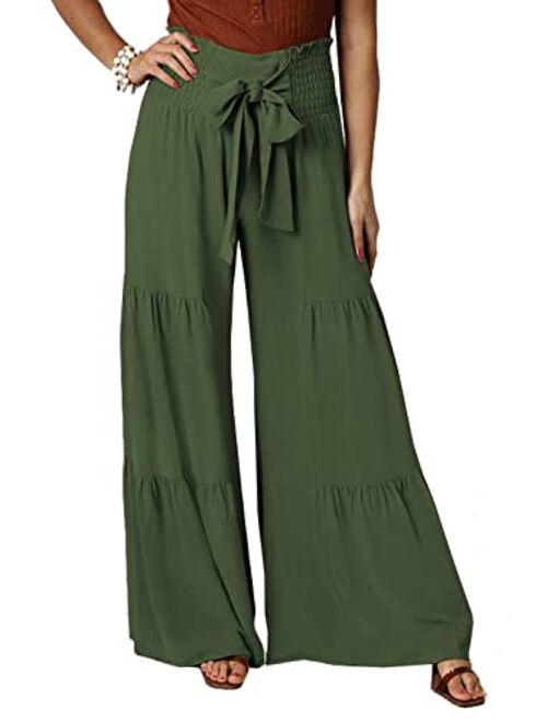 Roevite Boho Wide Leg Pants for Women High Waist Summer Flowy Beach Palazzo Pants with Belt Loose Yoga Trousers