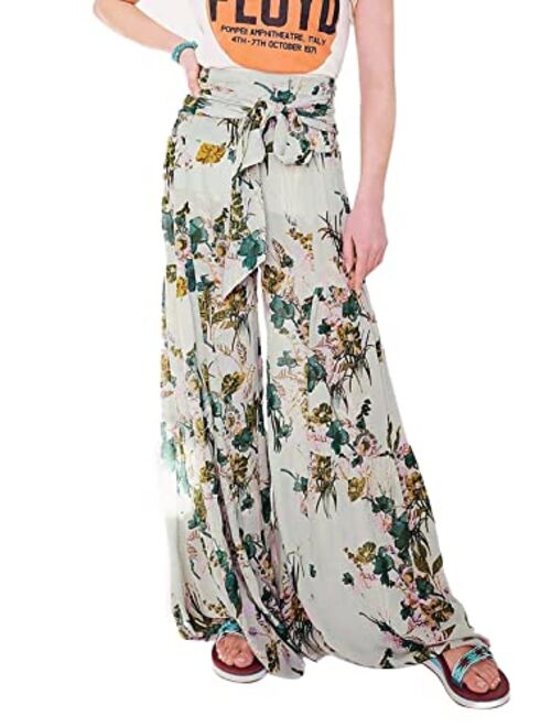 Roevite Boho Wide Leg Pants for Women High Waist Summer Flowy Beach Palazzo Pants with Belt Loose Yoga Trousers