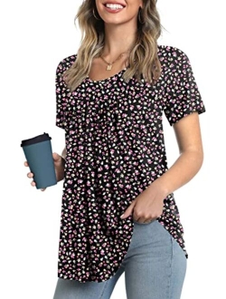 LONGYUAN Women Tops Hide Belly Tunic 2022 Short Sleeve Dressy Casual Blouse Flowy