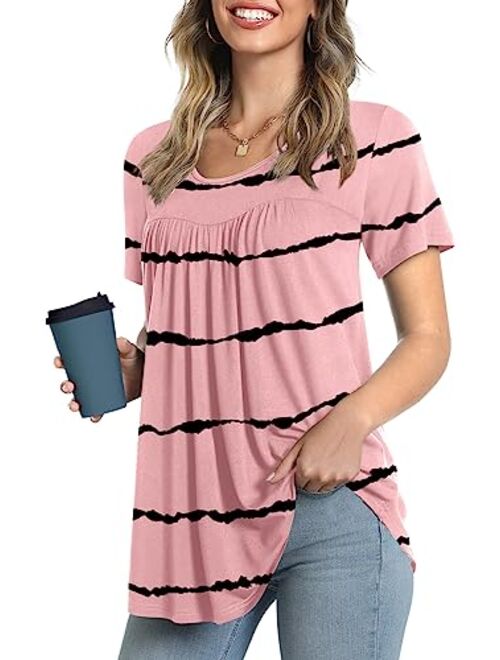 LONGYUAN Women Tops Hide Belly Tunic 2022 Short Sleeve Dressy Casual Blouse Flowy