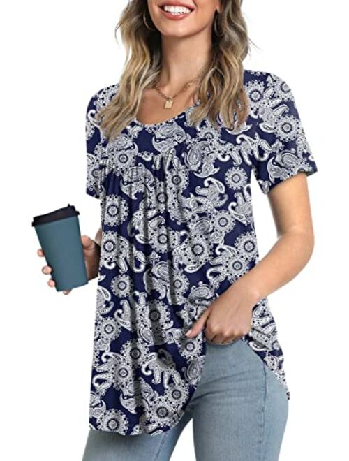 LONGYUAN Women Tops Hide Belly Tunic 2022 Short Sleeve Dressy Casual Blouse Flowy