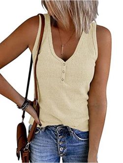 Womens V Neck Tank Tops Summer Sleeveless Ribbed Button Casual Henley Shirts