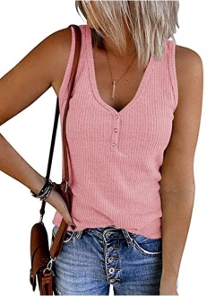 Womens V Neck Tank Tops Summer Sleeveless Ribbed Button Casual Henley Shirts