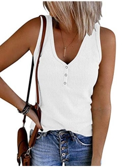 Womens V Neck Tank Tops Summer Sleeveless Ribbed Button Casual Henley Shirts