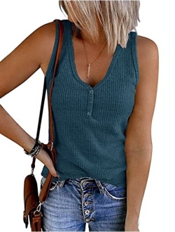 Womens V Neck Tank Tops Summer Sleeveless Ribbed Button Casual Henley Shirts