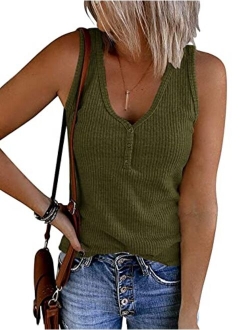 Womens V Neck Tank Tops Summer Sleeveless Ribbed Button Casual Henley Shirts