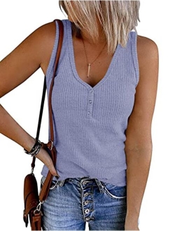 Womens V Neck Tank Tops Summer Sleeveless Ribbed Button Casual Henley Shirts