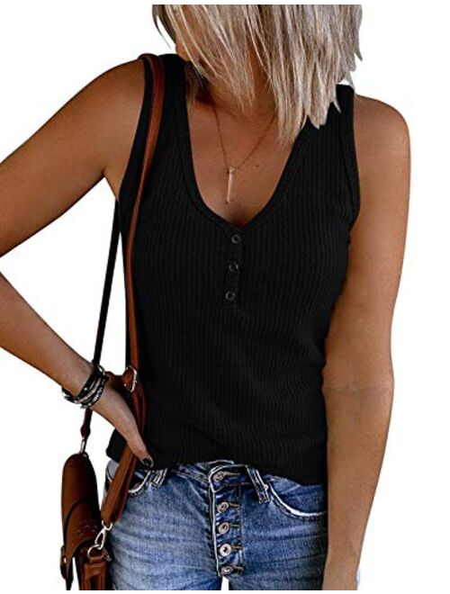 MEROKEETY Womens V Neck Tank Tops Summer Sleeveless Ribbed Button Casual Henley Shirts