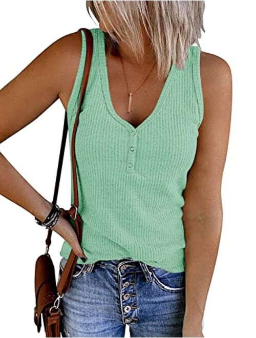 MEROKEETY Womens V Neck Tank Tops Summer Sleeveless Ribbed Button Casual Henley Shirts