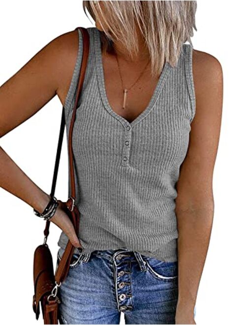 MEROKEETY Womens V Neck Tank Tops Summer Sleeveless Ribbed Button Casual Henley Shirts