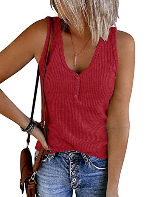 MEROKEETY Womens V Neck Tank Tops Summer Sleeveless Ribbed Button Casual Henley Shirts