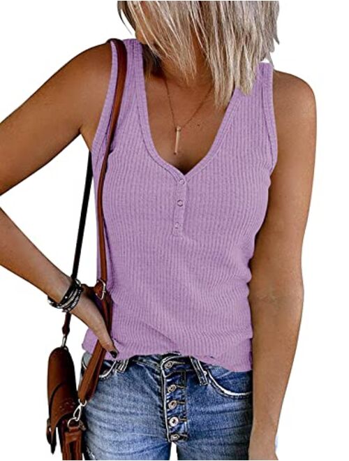 MEROKEETY Womens V Neck Tank Tops Summer Sleeveless Ribbed Button Casual Henley Shirts