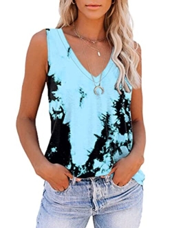 ETCYY NEW Womens Summer Tops V Neck Tank Tops Tie Dye Sleeveless Basic T Shirt Cute Printed Loose Fit