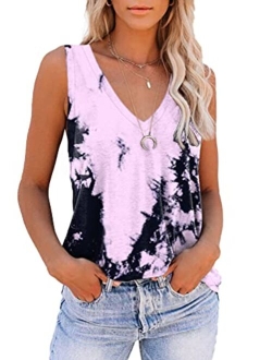 ETCYY NEW Womens Summer Tops V Neck Tank Tops Tie Dye Sleeveless Basic T Shirt Cute Printed Loose Fit