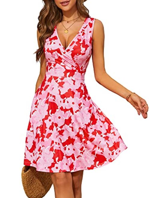 GUBERRY Womens Wrap V Neck Sleeveless Sundress Summer Flare Tank Dress with Pockets