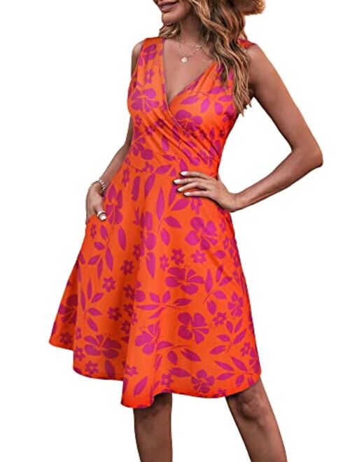 GUBERRY Womens Wrap V Neck Sleeveless Sundress Summer Flare Tank Dress with Pockets